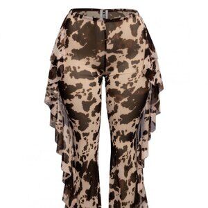 Ladies Cow Print Western Cowgirl Mesh Side Ruffle Pants New Size Medium